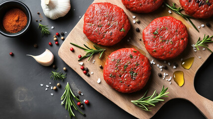 Canvas Print - Image of raw seasoned red patties on a wooden cutting board with garlic, rosemary, olive oil, black peppercorns, coarse salt, and ground red pepper on dark background.