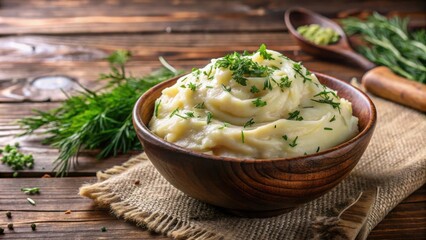 Wall Mural - Creamy mashed potatoes topped with fresh dill on a rustic wooden table, food, comfort, homemade, delicious