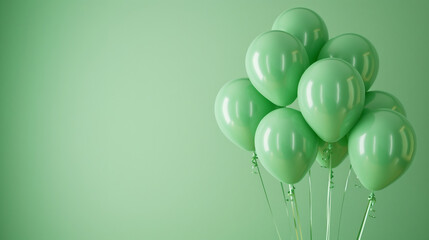 Green balloons on a bright green copy space background. Party decoration colorful design, perfect for greeting card and birthday invitation. Event and anniversary wallpaper with shiny balloons