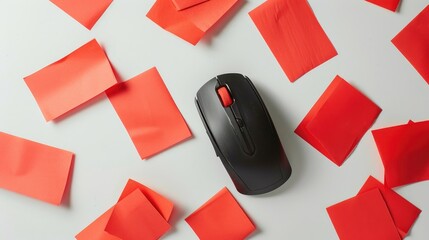 Concept image of red sticky paper on white table with black mouse and text CASE STUDY