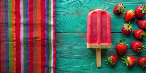 Wall Mural - Stick ice cream strawberry flavor on wooden stick, Mexican pallets , ice cream, strawberry, flavor, isolated