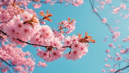 Wall Mural - Cherry blossoms bloom in spring, and pink flowers complement each other with the clear blue sky, creating a tranquil and beautiful natural picture.