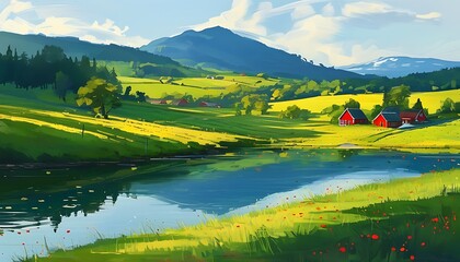 Wall Mural - Beautiful rural scenery, green fields and tranquil lakes complement each other, and red cabins in the distance, which look particularly warm in the sun.