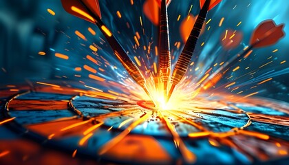 Precision in Action: Dart Striking Bullseye Amidst Vibrant Sparks and Blue-Orange Lighting