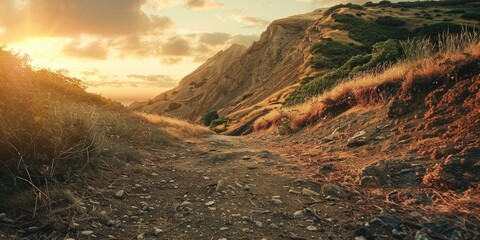 Earth slope prior to a landslide descending from elevated terrain along a pathway