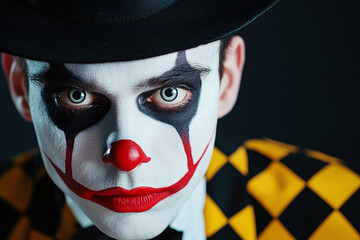  a circus clown freak from the 1930s, featuring a haunting makeup design and oversized suit