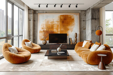 Wall Mural - Minimalist, loft style interior design of modern living room.