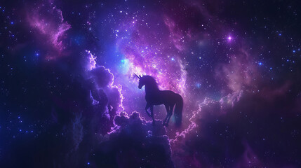 a majestic silhouette of a unicorn against a cosmic backdrop filled with swirling galaxies and vibra