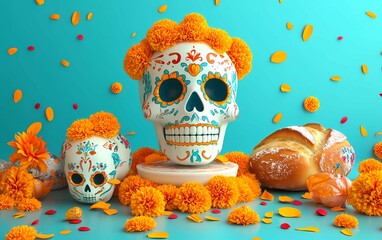 3D sugar skull, marigold, bread, ornaments on a pedestal. Dia de los muertos celebration background.