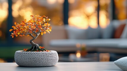 Wall Mural - A beautiful bonsai tree with vibrant orange leaves, set against a warm, inviting background, perfect for nature lovers.