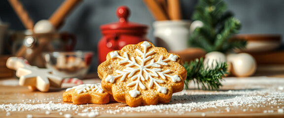 Canvas Print - Close-up of a Snowflake Gingerbread Cookie on a Wooden Surface