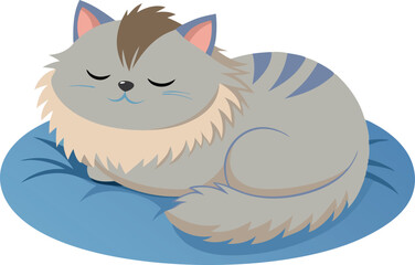 Wall Mural - A cat is sleeping on a blue blanket. The cat is fluffy and has a peaceful expression. Concept of calm and relaxation