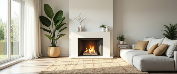 Sticker - Cozy living room with fireplace and large windows