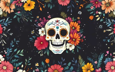 Wall Mural - Skull and Flowers. Seamless Background. Mexican Day of the Dead