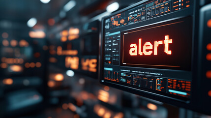 Poster - A digital display screen showing the word 'alert' in a high-tech control room or data center with multiple monitors and blinking lights showcasing complex systems.