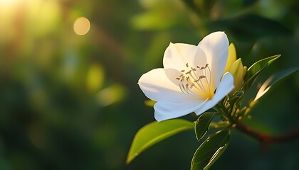 Wall Mural - A white flower shines in the sun, surrounded by green leaves, reflecting the beauty and tranquility of nature.