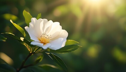 Wall Mural - A white flower shines in the sun, surrounded by green leaves, reflecting the beauty and tranquility of nature.