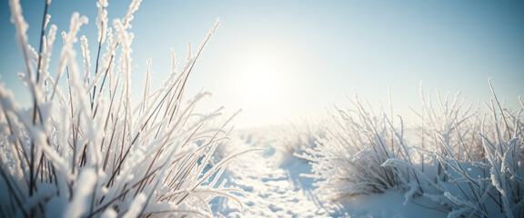 Wall Mural - Frosty Grass Blades in Winter Sunlight