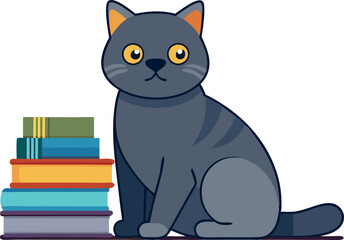 A cat is sitting on top of a stack of books. The cat is looking at the camera with a curious expression. The books are of different sizes and colors, and they are arranged in a neat stack