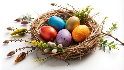 Easter eggs in nest on white background with natural decorations, Easter eggs, nest, white background