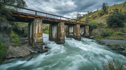 A charming old railway bridge crossing a deep, fast-flowing river in a remote area.