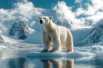 majestic polar bear standing atop an ice floe in svalbard vibrant blue sky contrasts with stark arct