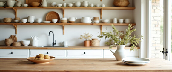 Wall Mural - Wooden Table with White Dishes and Flowers in a Kitchen