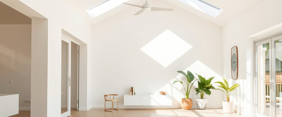 Modern living room with white walls and skylights