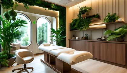 Stylish spa treatment room featuring contemporary furniture and lush greenery, ideal for branding and architectural highlights