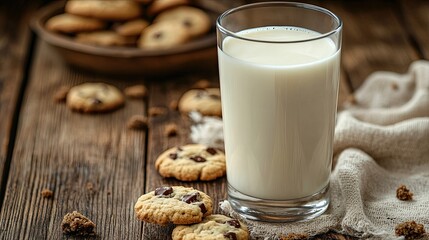 Wall Mural - A full glass of fresh milk on a rustic wooden table, surrounded by cookies.