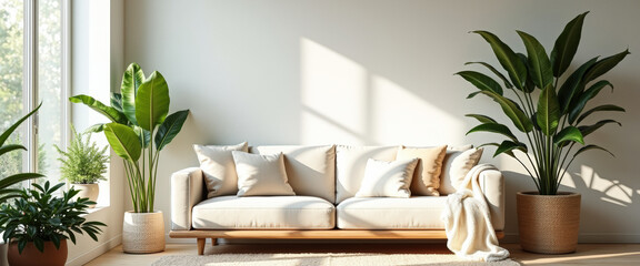 Wall Mural - Minimalist Living Room with White Sofa and Natural Light