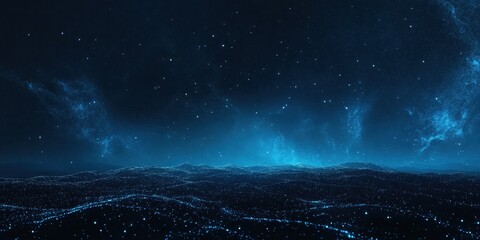 Wall Mural - A tranquil ocean scene under a starry night sky, illuminated by ethereal blue light with waves gently rippling in the dark.