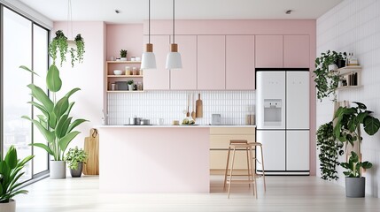 Wall Mural - Modern pink kitchen interior with plants and a minimalist design, featuring natural light and stylish decor