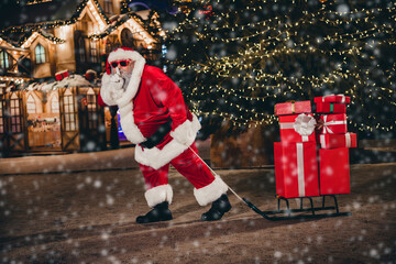 Sticker - Full size photo of grandfather santa costume pull sled pile stack xmas giftbox demonstrate shh secret gesture fairy atmosphere outdoors