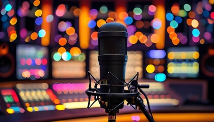 Sophisticated microphone poised for recording with vibrant bokeh from mixing equipment lights in the background