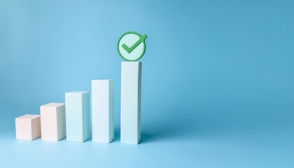 A visual representation of growth with ascending blocks and a green checkmark, symbolizing progress and success on a blue background.