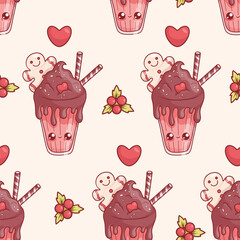 Wall Mural - Seamless  pattern with Christmas cute kawaii cartoon character glass milk shake with chocolate dessert, gingerbread man and striped candies on beige background with holly. Vector illustration