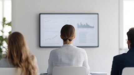 business team in a meeting with a virtual display showing scalable business solutions, symbolizing t
