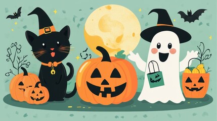 A playful ghost happily holds a candy bucket beside a black cat and carved pumpkins, all set against a vibrant Halloween backdrop