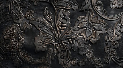 Wall Mural - Close-up shot of a dark embossed fabric with floral patterns.