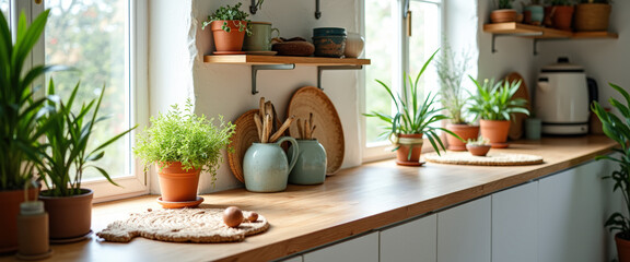 Sticker - Wooden Kitchen Countertop with Plants and Rustic Decor