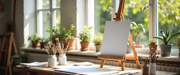 Wall Mural - Blank Canvas on Easel in Sunny Studio