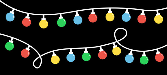 Wall Mural - Christmas lights set line. Glowing lightbulb garland. Colorful string fairy light. Cartoon holiday festive xmas decoration. Round shape. Rainbow color. Flat design. Isolated. Black background. Vector