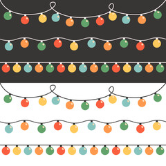 Wall Mural - Christmas lights round shape set. Lightbulb glowing garland line. Colorful string fairy light. Cartoon festive holiday xmas decoration. Simple Flat design. Isolated. Black White background. Vector