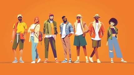 A diverse group of stylish people stand together in front of an orange background.