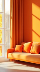 Poster - 3D render of a minimalistic orange living room with a sofa and a window with curtains