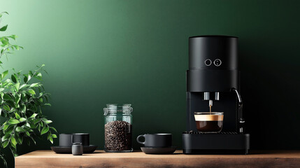 Modern coffee machine brewing espresso on a wooden table with a jar of coffee beans, black cups, and a saucer. Green potted plant against a green background.