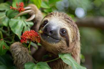 smiling sloth on tree with red flower. tropical cute animal portrait in nature.