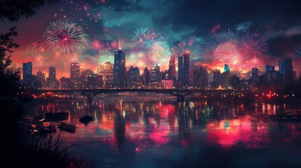 Wall Mural - Cityscape with Fireworks Reflected in Water