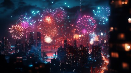 Wall Mural - Nighttime Fireworks Display Over a City Skyline